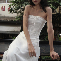 2PCS White Strapless Lace Ruffle Top + Long Skirt Set - Thumbnail 1