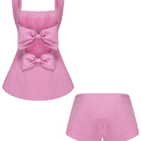 2PCs Pink Tweed Square Collar Top + Shorts Set - Thumbnail 2