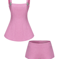 2PCs Pink Tweed Square Collar Top + Shorts Set - Thumbnail 3