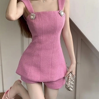 2PCs Pink Tweed Square Collar Top + Shorts Set - Thumbnail 7