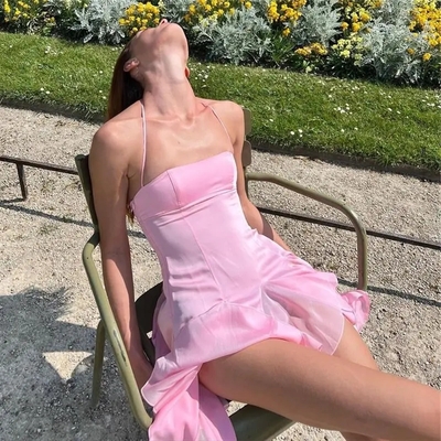 Pink Satin Halter Tie Mini Dress 