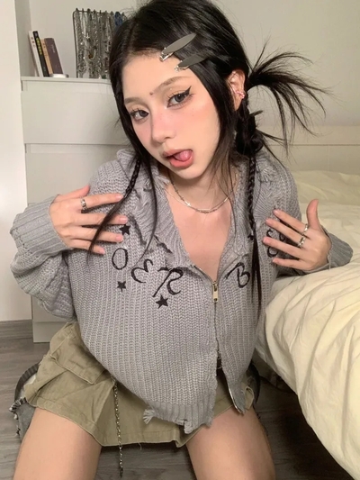 Y2K Grey Knit Loose Cardigan 