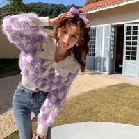 Fluffy Purple & White Plaid Cardigan  - Thumbnail 1