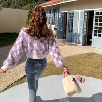 Fluffy Purple & White Plaid Cardigan  - Thumbnail 2