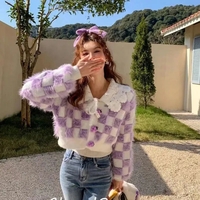 Fluffy Purple & White Plaid Cardigan  - Thumbnail 4