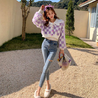 Fluffy Purple & White Plaid Cardigan  - Thumbnail 7