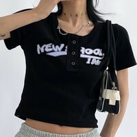 Black Graffiti Print Button Crop Top  - Thumbnail 1