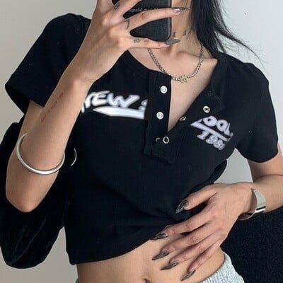 Black graffiti print button crop top  - Thumbnail 1