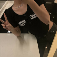 Black Graffiti Print Button Crop Top  - Thumbnail 3