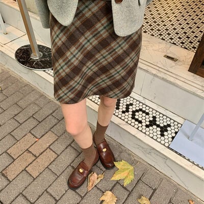 Brown plaid a-line mini skirt 