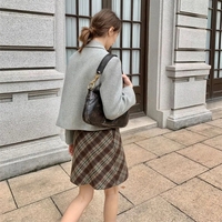 Brown Plaid A-Line Mini Skirt  - Thumbnail 3