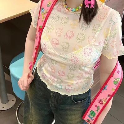 Japanese Cat Rainbow Transparent Mesh Top