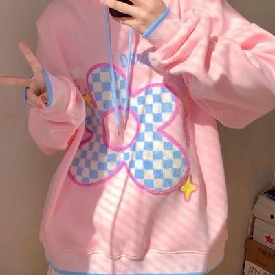 Pink flower lattice embroidery hoodie