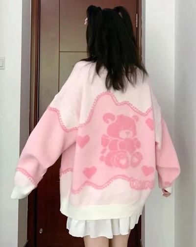 Pink Teddy Bear Print Sweater