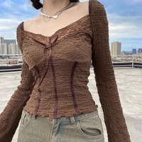 Brown Lace Trim V Neck Flare Long Sleeve Top  - Thumbnail 1