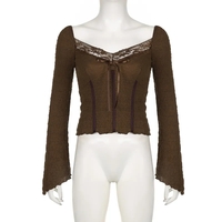 Brown Lace Trim V Neck Flare Long Sleeve Top  - Thumbnail 4