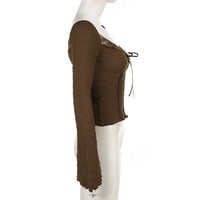 Brown Lace Trim V Neck Flare Long Sleeve Top  - Thumbnail 5