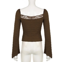 Brown Lace Trim V Neck Flare Long Sleeve Top  - Thumbnail 6