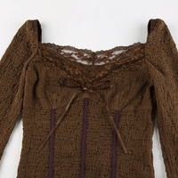 Brown Lace Trim V Neck Flare Long Sleeve Top  - Thumbnail 7