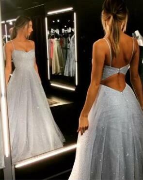 Sparkly Floor Length Backless Dress Tulle Prom Dresses