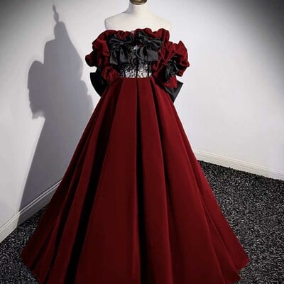 Burgundy velvet long prom dress, burgundy a-line evening dress - Thumbnail 2