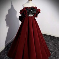 Burgundy Velvet Long Prom Dress, Burgundy A-Line Evening Dress - Thumbnail 1