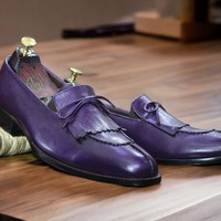 Purple Color Fringe New Stylish Geuine Handmade Leather Men's Loafer Shoes - Thumbnail 1