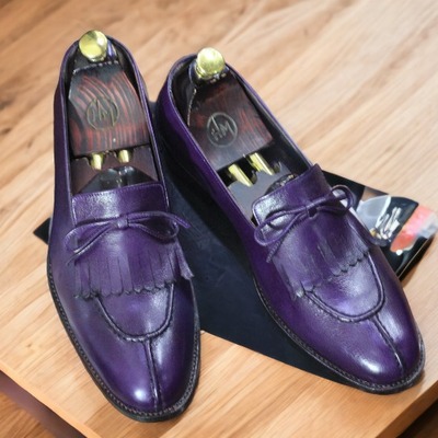 Purple color fringe new stylish geuine handmade leather men's loafer shoes - Thumbnail 1
