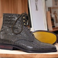 Brown Color Crocodile Texture Leather Lace Up Style Men's Ankle High Designer Boots - Thumbnail 2