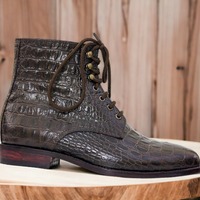 Brown Color Crocodile Texture Leather Lace Up Style Men's Ankle High Designer Boots - Thumbnail 3