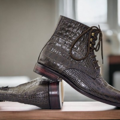 Brown color crocodile texture leather lace up style men's ankle high designer boots - Thumbnail 2