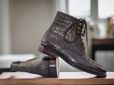 Brown Color Crocodile Texture Leather Lace Up Style Men's Ankle High Designer Boots
