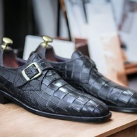 Men's Bespoke Handmade Alligator Texture Leather Black Color Single Buckle Shoes - Thumbnail 2