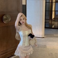 Angel Lace Pale Pink Puff Sleeve Top & Ruffled Short Skirt Two Piece Set - Thumbnail 4