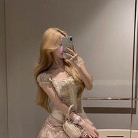 Angel Lace Pale Pink Puff Sleeve Top & Ruffled Short Skirt Two Piece Set - Thumbnail 5