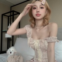 Angel Lace Pale Pink Puff Sleeve Top & Ruffled Short Skirt Two Piece Set - Thumbnail 1