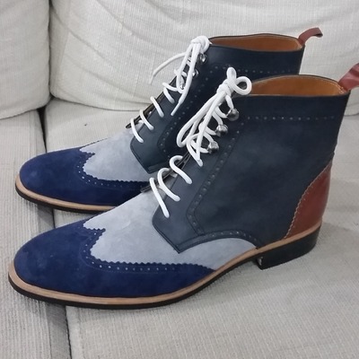 Unique and classic tri tone color gray and blue suede leather wingtip ankle high lace up boot - Thumbnail 3