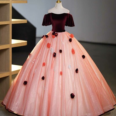 Burgundy velvet tulle long formal dress, off the shoulder sweet flower party dress - Thumbnail 1