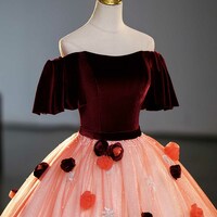 Burgundy Velvet Tulle Long Formal Dress, Off the Shoulder Sweet Flower Party Dress - Thumbnail 1