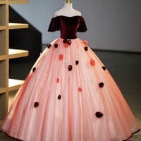 Burgundy Velvet Tulle Long Formal Dress, Off the Shoulder Sweet Flower Party Dress - Thumbnail 2