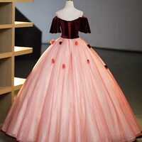 Burgundy Velvet Tulle Long Formal Dress, Off the Shoulder Sweet Flower Party Dress - Thumbnail 3