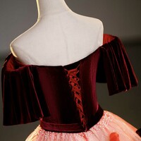 Burgundy Velvet Tulle Long Formal Dress, Off the Shoulder Sweet Flower Party Dress - Thumbnail 4