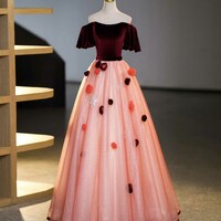 Burgundy Velvet Tulle Long Formal Dress, Off the Shoulder Sweet Flower Party Dress - Thumbnail 5