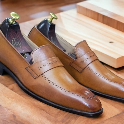 Men's handmade tan color genuine leather party wear loafer shoes - Thumbnail 1