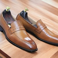 Men's Handmade Tan Color Genuine Leather Party Wear Loafer Shoes - Thumbnail 2