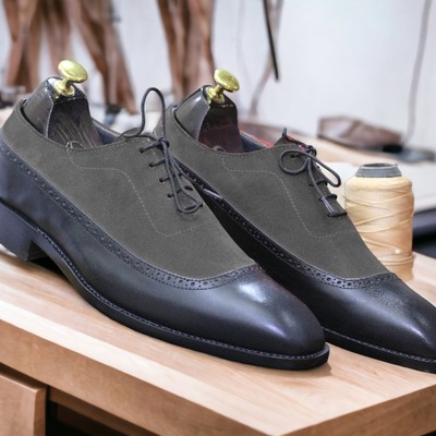 Men's hand stitched genuine handmade leather suede lace up style classic shoes - Thumbnail 1