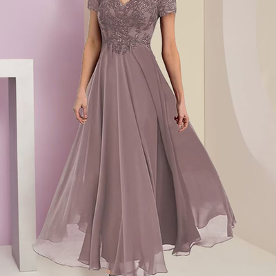 Elegant chiffon two piece mother of the bride/groom  dresses a line lace appliques v neck short sleeves ankle length wedding guest gown