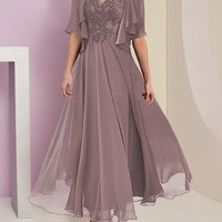 Elegant Chiffon Two Piece Mother Of The Bride/Groom  Dresses A Line Lace Appliques V Neck Short Sleeves Ankle Length Wedding Guest Gown - Thumbnail 3