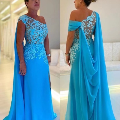 New one shoulder lace top sexy chiffon mother of the bride/groom dresses with wraps long side slit wedding party special banquet gowns