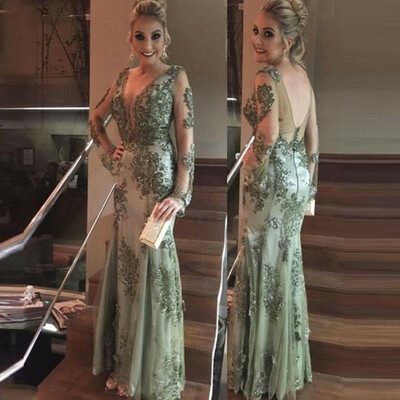 Sheer long sleeves mother of the bride/groom dresses with beaded applique lace tulle mermaid evening party gowns trumpet prom